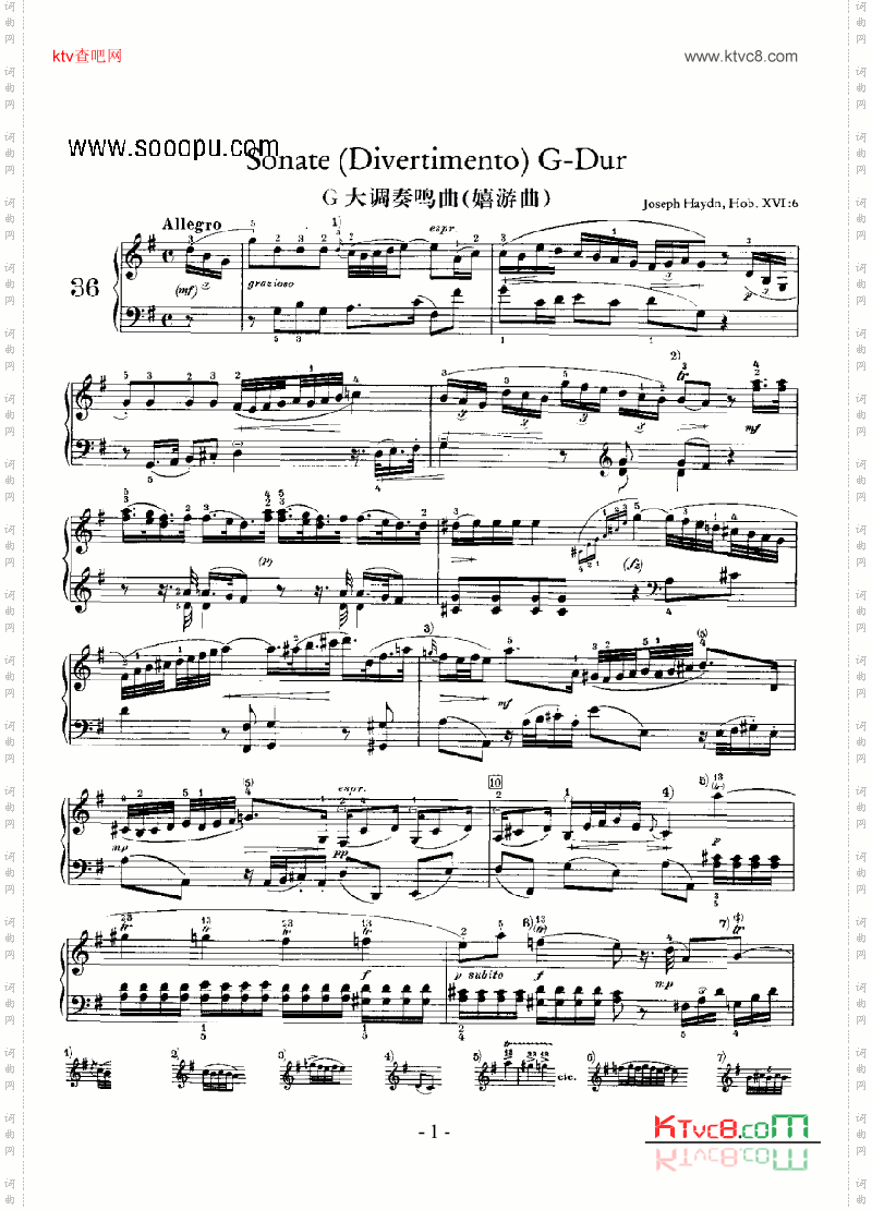 G大调奏鸣曲 嬉游曲 键盘类 钢琴简谱 中国词曲网